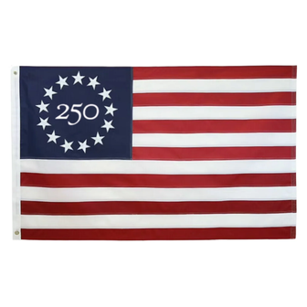 Commemorative Betsy Ross–style American flag with 13 stars forming a circle around the number “250” on a blue canton, celebrating America’s 250th anniversary.