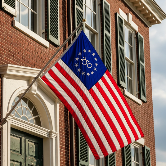 America 250 Betsy Ross flag displayed on a wall-mounted pole outside a historic brick building, waving proudly in daylight.