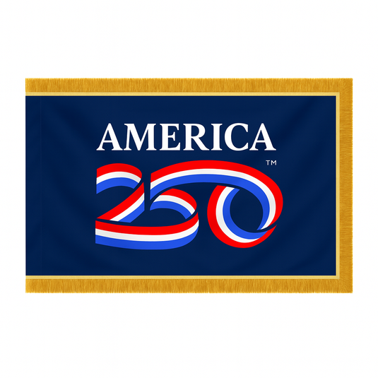 America 250 official 3x5 blue nylon indoor parade flag with gold fringe, commemorative 250th anniversary design, Made in USA