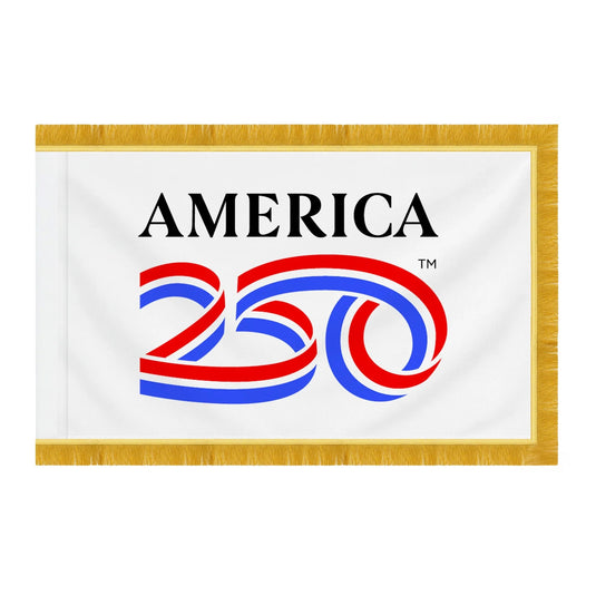 America 250 official 3x5 white nylon indoor parade flag with pole hem sleeve and gold fringe, commemorative 250th anniversary design, Made in USA