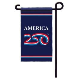 America 250 garden flag with a navy background, red, white, and blue “250” logo, and white “AMERICA” text, displayed on a metal flag stand.