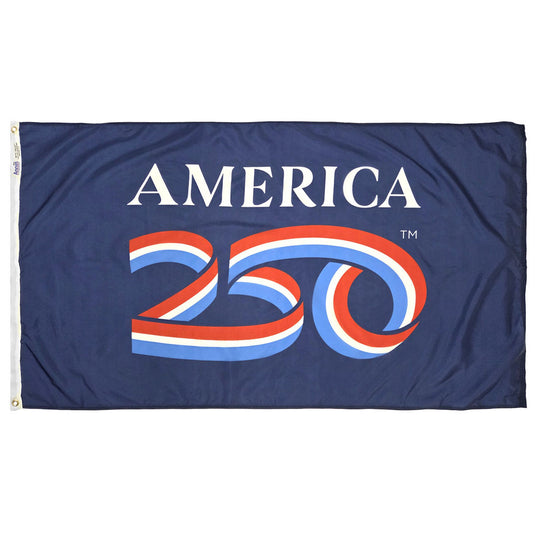 America 250 official nylon outdoor flag in blue, patriotic red white and blue anniversary design, made in USA, sizes 12x18 through 5x8