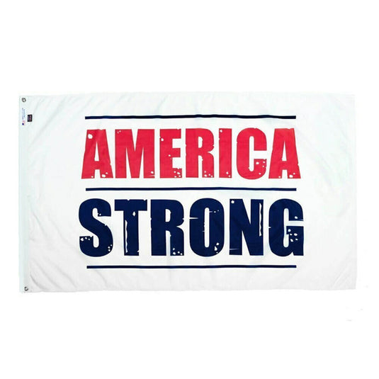 The America Strong flag, featuring 'AMERICA' in red text and 'STRONG' in distressed blue text on a white field.
