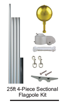 Load image into Gallery viewer, All included parts for the 25ft 4-piece American Tapered Sectional Flagpole Kit, including pole sections, gold ball ornament, halyard, and cleat.
