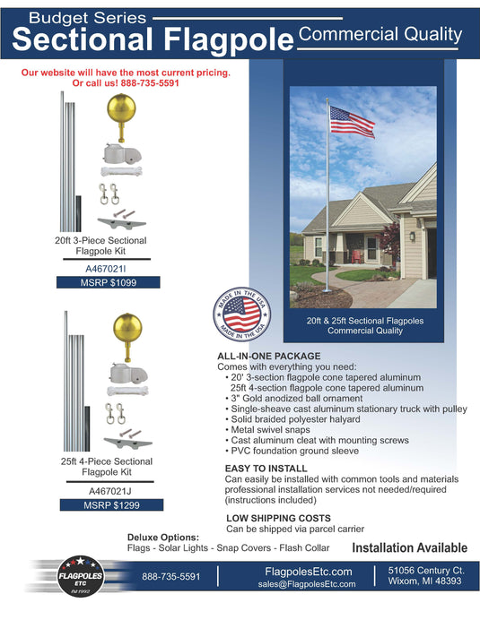 Informational flyer for the Budget Series Sectional Flagpole, detailing features of the all-in-one 20ft and 25ft kits and listing package contents.