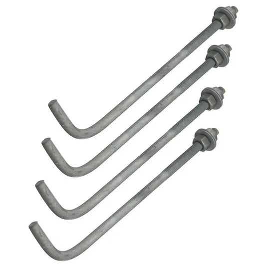 Four galvanized L-shaped anchor bolts with nuts and washers for a flagpole shoe base.