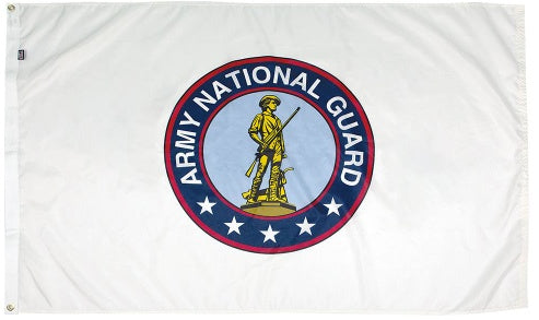 Army National Guard 3x5 foot nylon flag, featuring the official seal with a Minuteman soldier on a solid white background.