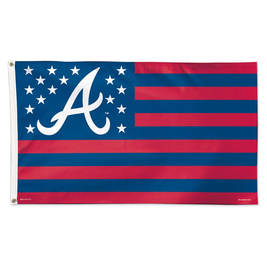 Atlanta Braves Patriotic Deluxe 3x5 foot MLB Sport Flag, featuring the team's cursive 'A' logo and stars on a blue canton with alternating red and blue stripes.