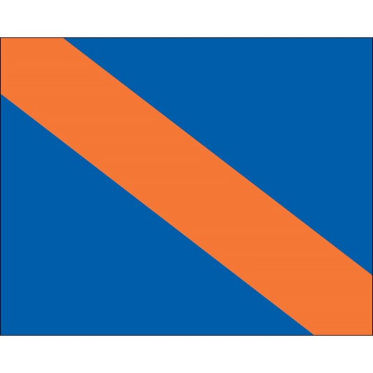 The blue auto racing flag with a diagonal orange stripe, used to signal a lapped driver to yield to faster cars.