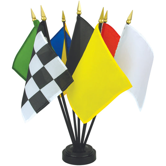 A complete set of seven auto racing mounted stick flags displayed in a black desk stand, including the checkered, yellow, and green flags.