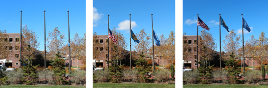 A sequence of three images demonstrating the automatic flagpole system, showing the flags raising from the bottom to the top of the poles.