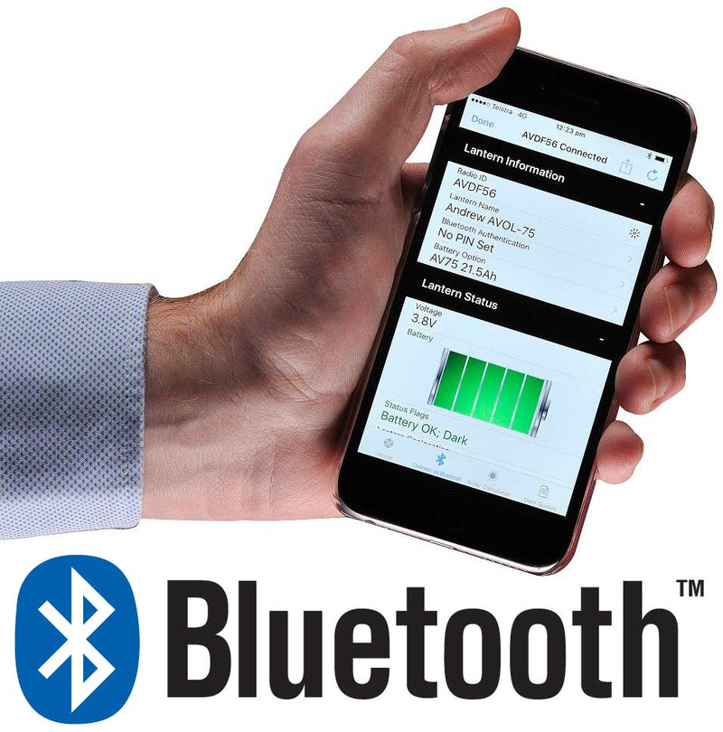 Load image into Gallery viewer, A smartphone displaying the Avlite app, showing lantern information and battery status for the obstruction light, with the Bluetooth logo below.
