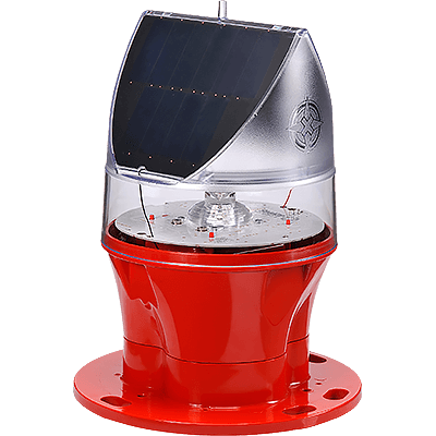 Load image into Gallery viewer, The Avlite solar-powered Type A low-intensity obstruction light, featuring a red base and a top-mounted solar panel for self-contained operation.
