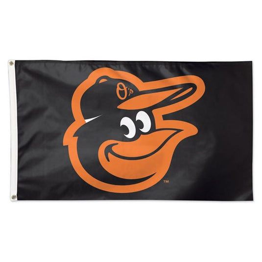 Baltimore Orioles Deluxe 3x5 foot MLB Sport Flag, featuring the team's official cartoon Oriole bird logo in orange on a solid black background.