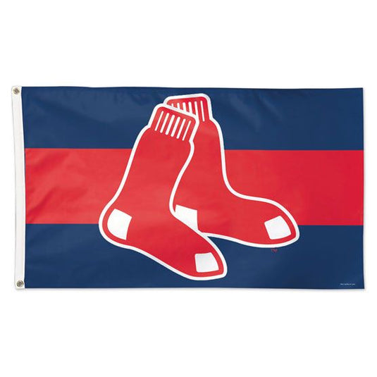 Official Boston Red Sox deluxe 3x5 flag featuring the team’s red socks logo centered on a navy background with a bold horizontal red stripe, complete with grommets for outdoor or indoor display.