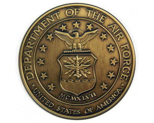 Load image into Gallery viewer, Brass medallion of the Department of the Air Force seal, showing the eagle and shield with thirteen stars around the edge.
