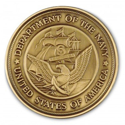 Load image into Gallery viewer, Brass medallion featuring the Department of the Navy seal, with a sailing ship over a Bald Eagle and anchor design.

