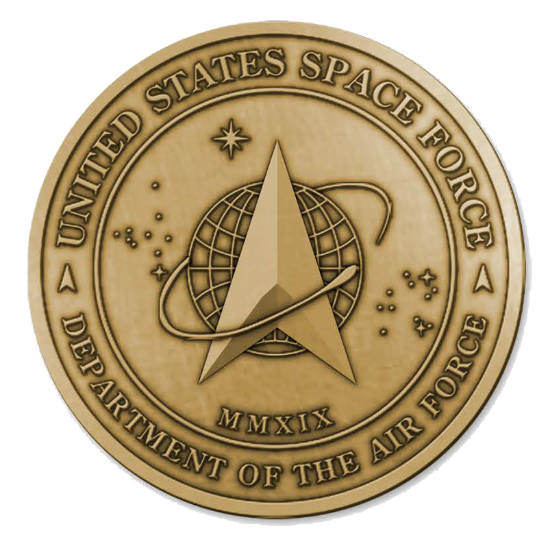 Load image into Gallery viewer, United States Space Force brass medallion featuring the Delta logo, globe, and stars, with the inscription "DEPARTMENT OF THE AIR FORCE MMXIX.
