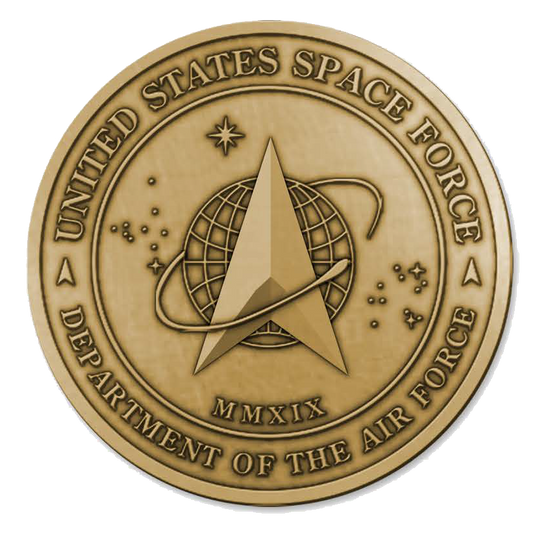 United States Space Force brass medallion featuring the Delta logo, globe, and stars, with the inscription 