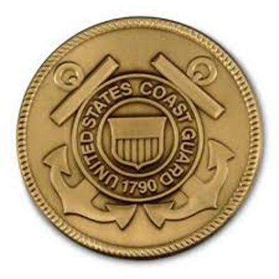 United States Coast Guard brass medallion with the shield, anchor, and crossed swords design, inscribed with "UNITED STATES COAST GUARD 1790."