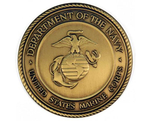 Load image into Gallery viewer, Brass medallion of the United States Marine Corps seal, showing the Eagle, Globe, and Anchor encircled by "DEPARTMENT OF THE NAVY UNITED STATES MARINE CORPS."
