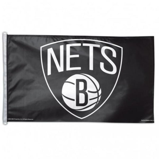 Brooklyn Nets flag featuring the team’s black and white shield logo with a basketball and the letter B.