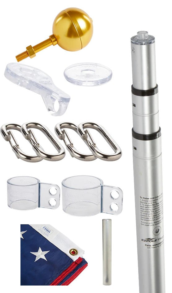 Load image into Gallery viewer, Telescoping flagpole kit with sections, clips, rings, gold ball topper, and American flag.

