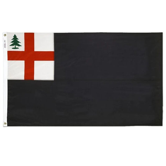 Bunker Hill flag with black field and white canton featuring a red cross and small green pine tree.
