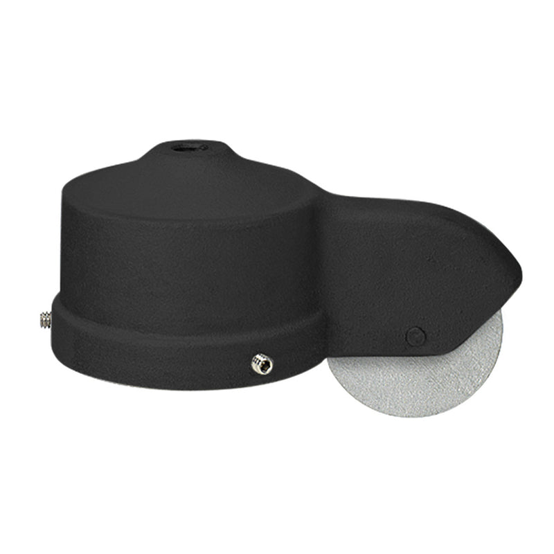 Load image into Gallery viewer, Black cap-style single stationary flagpole truck, a Made in the USA hardware piece designed to fit the top of a flagpole with an external rope halyard.
