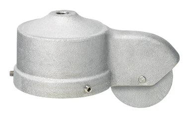 Load image into Gallery viewer, Made in the USA cap-style single stationary flagpole truck in a silver finish, featuring a fixed single pulley for external halyard flagpoles.
