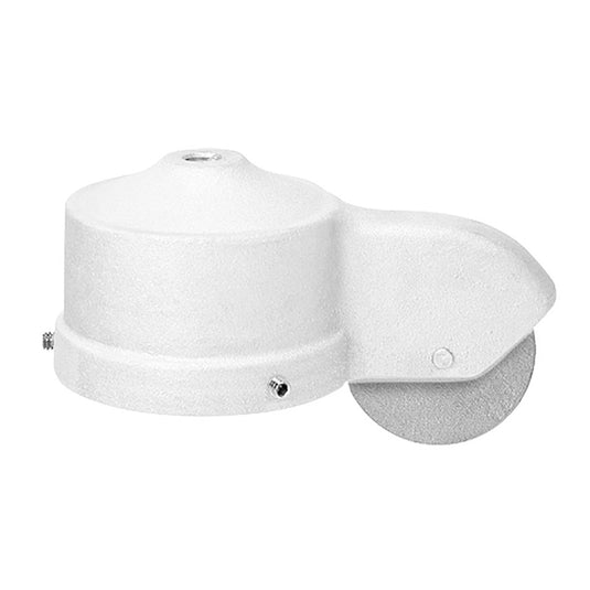 White cap-style single stationary flagpole truck with a single sheave and set screws, a Made in the USA fitting for the top of an external halyard pole.