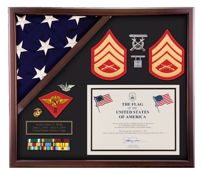 Load image into Gallery viewer, Made in the USA premium shadowbox display case for a folded American flag with Marine Corps insignias, ribbons, and a military flag certificate.
