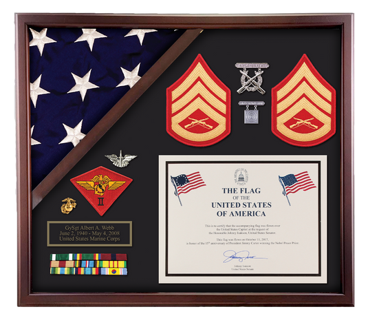 Made in the USA premium shadowbox display case for a folded American flag with Marine Corps insignias, ribbons, and a military flag certificate.