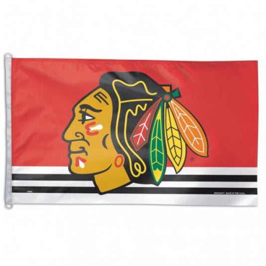 Deluxe 3x5 Chicago Blackhawks NHL Sport Flag on a red field, featuring the team's logo of a Native American head in profile, above white and black horizontal stripes.