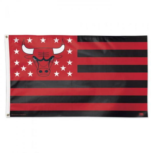 Deluxe 3x5 Chicago Bulls Patriotic NBA Sport Flag styled after the American flag, with red and black horizontal stripes and a canton featuring the Bulls logo surrounded by white stars.