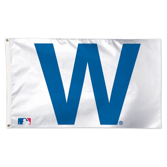Deluxe 3x5 Chicago Cubs MLB Sport Flag on a white field, featuring a large, centered royal blue capital letter 'W', symbolizing a Cubs victory.
