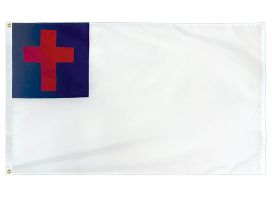 Christian Indoor/Parade Flag, showing the flag laid flat with a white field, a blue canton, and a red cross inside.