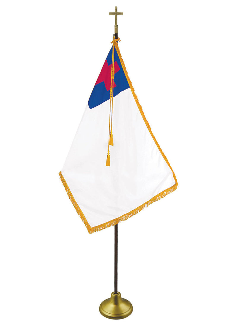 Load image into Gallery viewer, Mounted Christian Indoor/Parade Flag displayed on a gold indoor flagpole stand, featuring gold fringe trim, cord and tassels, and a cross finial at the top.
