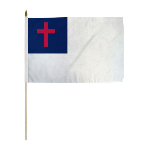 Christian mounted stick flag on a wooden staff with a gold spear tip finial, displaying the white field, blue canton, and red cross for religious events or parades.