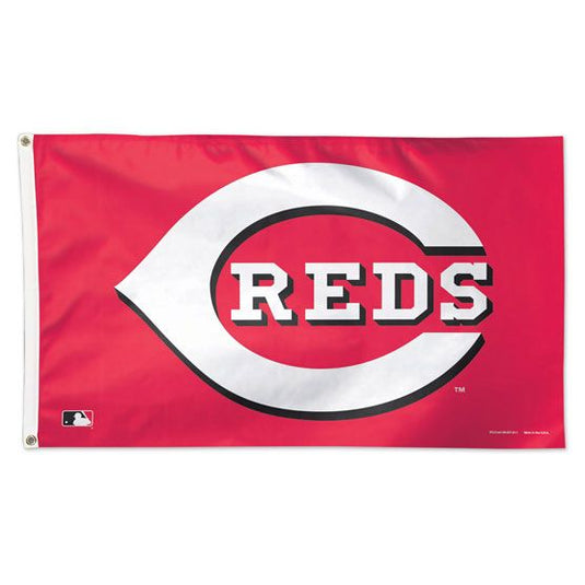 Deluxe 3x5 Cincinnati Reds MLB Sport Flag on a bright red field, centered with the team's official logo: a large white C enclosing the word 