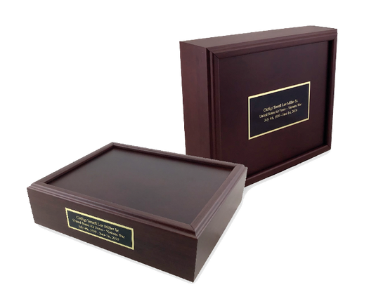 Made in the USA Citizen's wooden cremation urn in a deep cherry finish, shown with the lid removed and featuring a custom engraved brass nameplate.