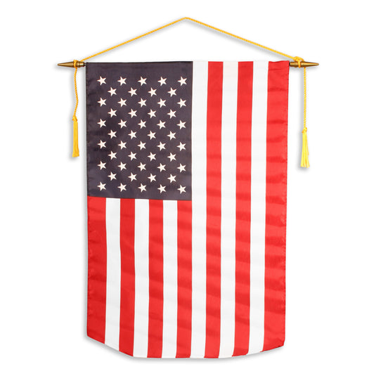 Vertical United States classroom banner with stars and stripes, suspended from a horizontal crossbar with a gold hanging cord and gold spear finials.