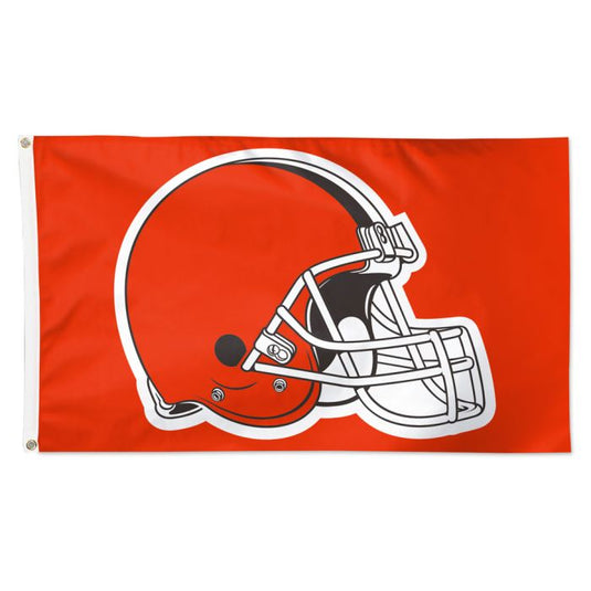 Deluxe 3x5 Cleveland Browns NFL flag on a solid orange field, centered with the team's official logo of a brown football helmet outlined in black and white.