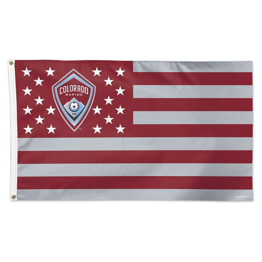Deluxe 3x5 Colorado Rapids Patriotic Americana MLB Sport Flag, featuring a design inspired by the US flag with burgundy and grey stripes and the team's crest surrounded by white stars.