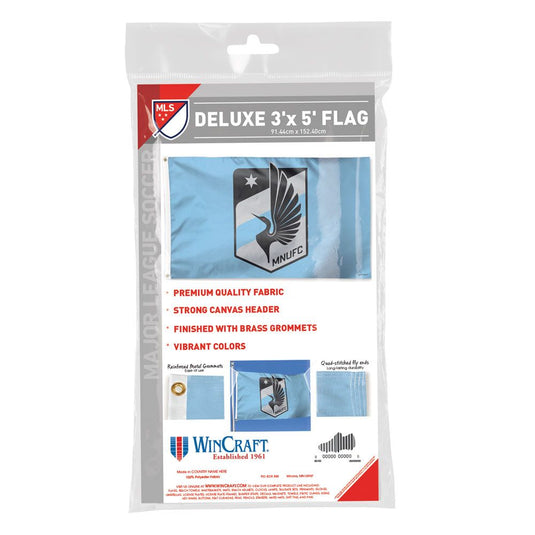 Packaging view of the Colorado Rapids Deluxe 3x5 MLS Flag, listing features like premium quality fabric, canvas header, brass grommets, and vibrant colors.