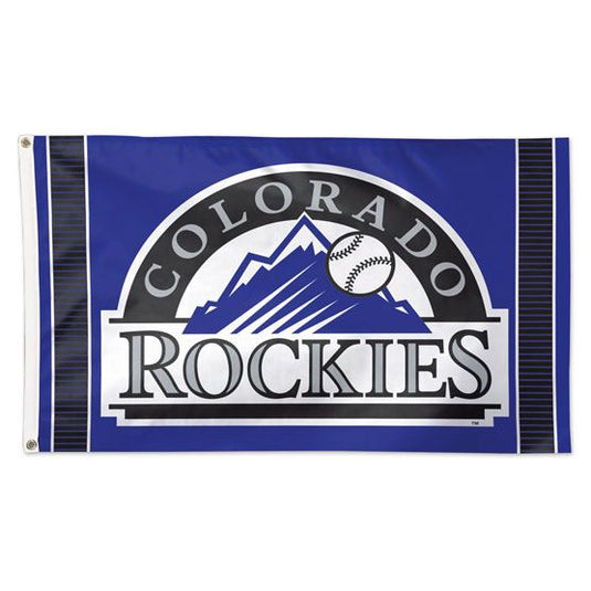 Deluxe 3x5 Colorado Rockies MLB Sport Flag on a royal blue field, centered with the team's primary logo featuring snow-capped mountains and a baseball.