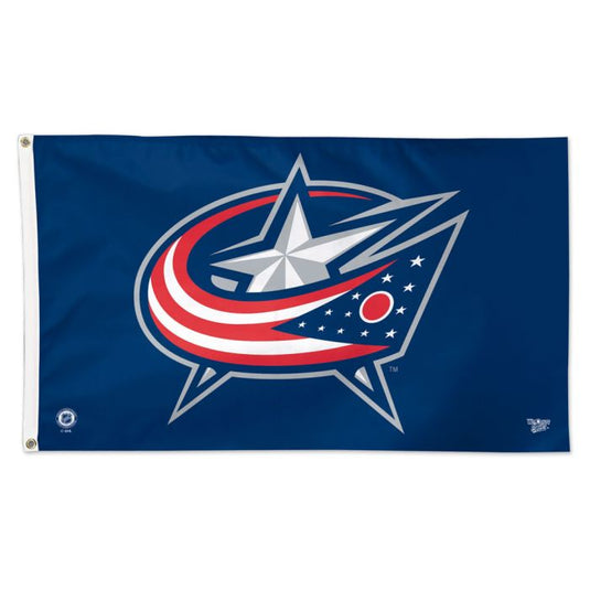 Deluxe 3x5 Columbus Blue Jackets NHL Sport Flag on a navy blue field, featuring the team's primary logo with a silver star, red and white stripes, and a circle of smaller white stars.