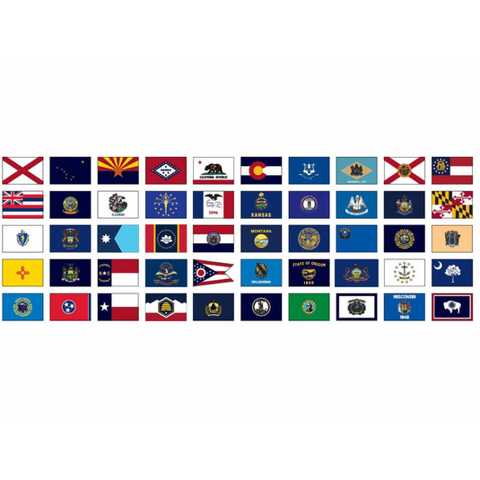 Complete set of 50 US State Flags designed for outdoor use, displayed in a grid format, featuring all official state flag designs in vibrant colors.