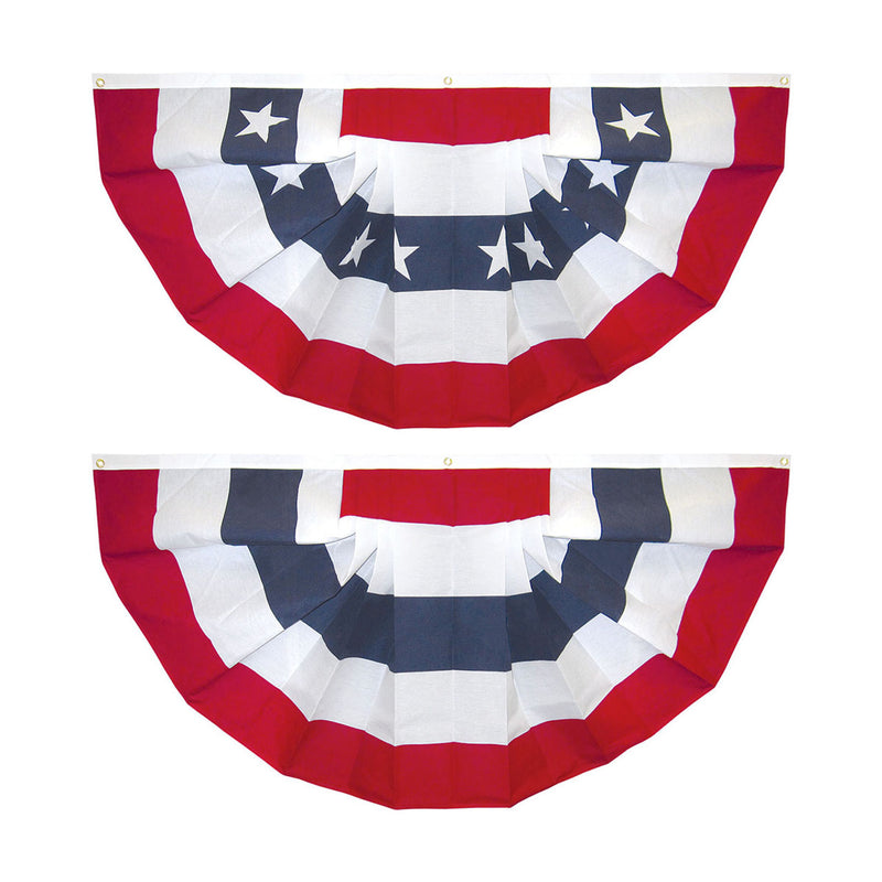 Load image into Gallery viewer, Pair of 3'x6' Made in USA cotton pleated patriotic bunting fans showing the half-round design with a pattern of red, white, and blue stripes and white stars.
