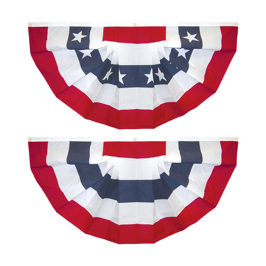Pair of 3'x6' Made in USA cotton pleated patriotic bunting fans showing the half-round design with a pattern of red, white, and blue stripes and white stars.
